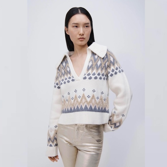 JONATHAN SIMKHAI CLARENCE FAIR ISLE WOOL CASHMERE PULLOVER POLO SWEATER - Picture 1 of 15